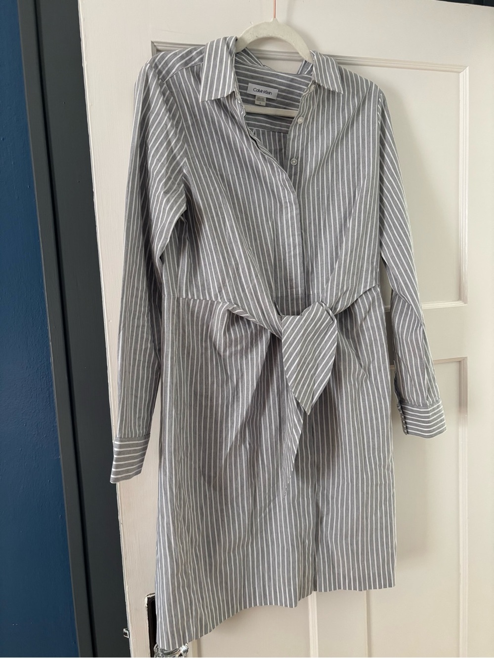 Calvin Klein Gray & White Striped Tie-Waist Shirt Dress